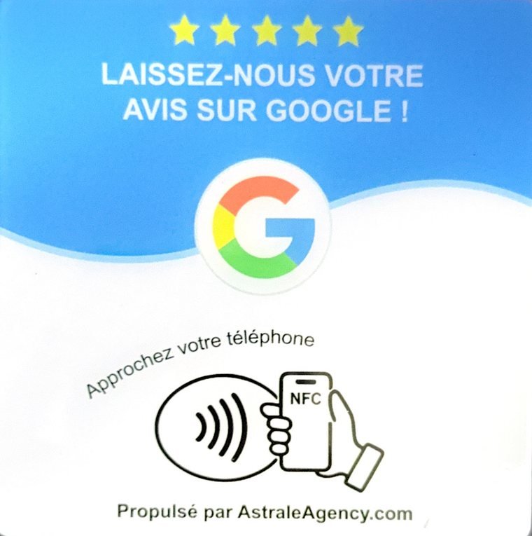 Plaque NFC Avis Google Astrale : cinq étoiles, logo Google et zone de scan sans contact